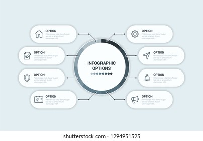 Business infographics template with circular shape for presentation, education, web design, banners, brochures. Vector design template icons for 8 options. EPS10