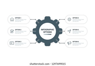 Business infographics template with circular shape for presentation, education, web design, banners, brochures. Vector design template icons for 6 options. EPS10