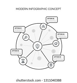 Business infographics template with circular shape for presentation, education, web design, banners, brochures. Vector design template icons for 5 options. EPS10