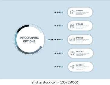Business infographics template with circular shape for presentation, education, web design, banners, brochures. Vector design template icons for 5 options. EPS10