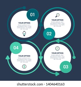 Business infographics template with circular shape for presentation, education, web design, banners, brochures. Circular timeline infographic, vector design template diagram for 4 options. EPS10