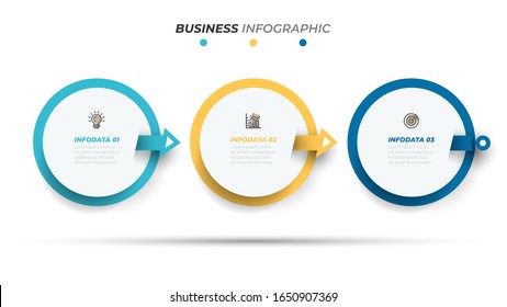 Business Infographics template design circle layout with marketing icons. Timeline with 3 steps, options. Can be used for annual report, info chart, graph, web design.