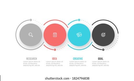 Elementos de diseño de plantillas de infografías de negocio con iconos y círculos. Proceso de línea de tiempo con 4 opciones o pasos. 