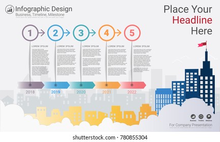 Business Infographics Template, Milestone Timeline Or Road Map With Process Flowchart 5 Options, Strategic Plan To Define Company Values, Scheduling In Project Management To Make Facts And Statistics.