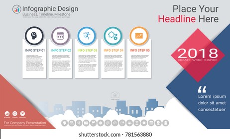 Business infographics template, Milestone timeline or Road map with Process flowchart 5 options, Strategic plan to define company values, Scheduling in project management to make facts and statistics.