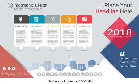 Business infographics template, Milestone timeline or Road map with Process flowchart 5 options, Strategic plan to define company values, Scheduling in project management to make facts and statistics.