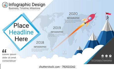 Business infographics template, Milestone timeline or Road map with Process flowchart 3 options, Strategic plan to define company values, Scheduling in project management to make facts and statistics.