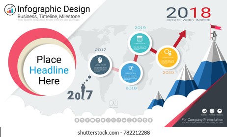 Business infographics template, Milestone timeline or Road map with Process flowchart 4 options, Strategic plan to define company values, Scheduling in project management to make facts and statistics.
