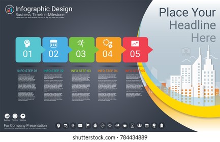 Business infographics template, Milestone timeline or Road map with Process flowchart 5 options, Strategic plan to define company values, Scheduling in project management to make facts and statistics.