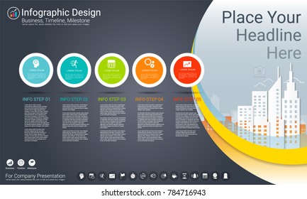 Business infographics template, Milestone timeline or Road map with Process flowchart 5 options, Strategic plan to define company values, Scheduling in project management to make facts and statistics.