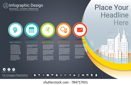 Business infographics template, Milestone timeline or Road map with Process flowchart 5 options, Strategic plan to define company values, Scheduling in project management to make facts and statistics.