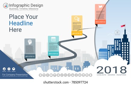 Business infographics template, Milestone timeline or Road map with Process flowchart 4 options, Strategic plan to define company values, Scheduling in project management to make facts and statistics.
