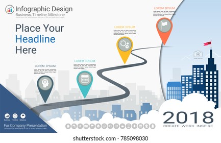 Business infographics template, Milestone timeline or Road map with Process flowchart 4 options, Strategic plan to define company values, Scheduling in project management to make facts and statistics.