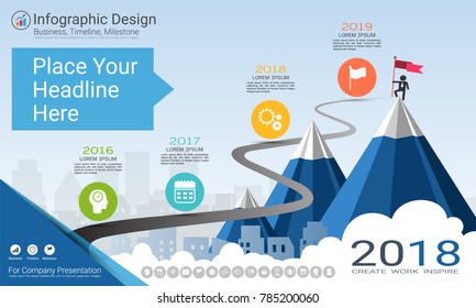Business infographics template, Milestone timeline or Road map with Process flowchart 4 options, Strategic plan to define company values, Scheduling in project management to make facts and statistics.