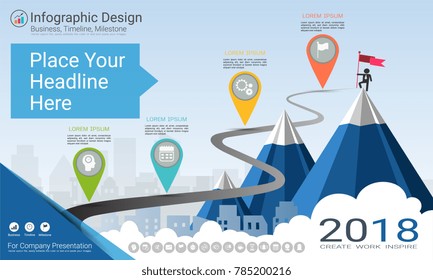 Business infographics template, Milestone timeline or Road map with Process flowchart 4 options, Strategic plan to define company values, Scheduling in project management to make facts and statistics.