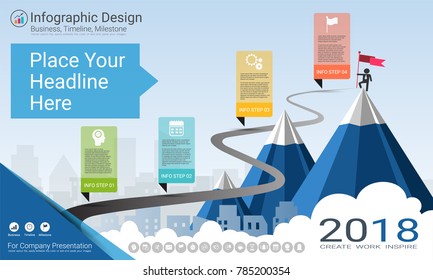 Business infographics template, Milestone timeline or Road map with Process flowchart 4 options, Strategic plan to define company values, Scheduling in project management to make facts and statistics.