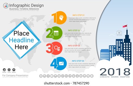 Business infographics template, Milestone timeline or Road map with Process flowchart 4 options, Strategic plan to define company values, Scheduling in project management to make facts and statistics.