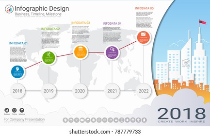 Business infographics template, Milestone timeline or Road map with Process flowchart 5 options, Strategic plan to define company values, Scheduling in project management to make facts and statistics.