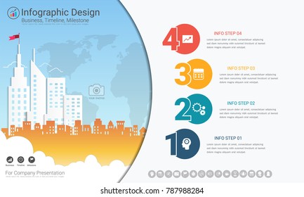 Plantilla de infografías de negocios, Planeación de hitos o Hoja de ruta con opciones de diagrama de flujo de procesos 4, Plan estratégico para definir valores de empresa, Programación en administración de proyectos para hacer hechos y estadísticas.