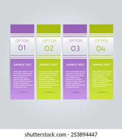 Business infographics template for presentation, education, web design, banners, brochures, flyers. Purple and green tabs. Vector illustration.