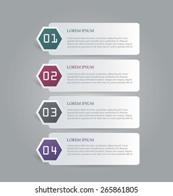 Business infographics template for presentation, education, web design, banners, brochures, flyers. Dark green, red, grey and purple tabs. Vector illustration.