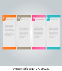 Business infographics template for presentation, education, web design, banners, brochures, flyers. Orange, brown, pink, blue color tabs. Vector illustration.