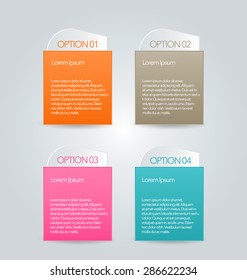 Business infographics template for presentation, education, web design, banners, brochures, flyers. Orange, brown, pink, blue color tabs. Vector illustration.