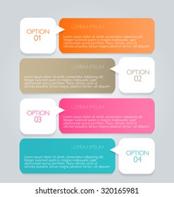 Business infographics template for presentation, education, web design, banners, brochures, flyers. Orange, brown, pink, blue color tabs. Vector illustration.