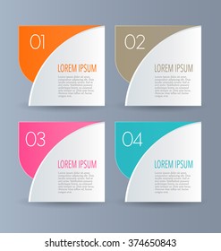 Business infographics template for presentation, education, web design, banners, brochures, flyers. Orange, brown, pink, blue color tabs. Vector illustration.