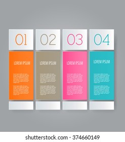 Business infographics template for presentation, education, web design, banners, brochures, flyers. Orange, brown, pink, blue color tabs. Vector illustration.