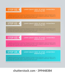 Business infographics template for presentation, education, web design, banners, brochures, flyers. Orange, brown, pink, blue color tabs. Vector illustration.