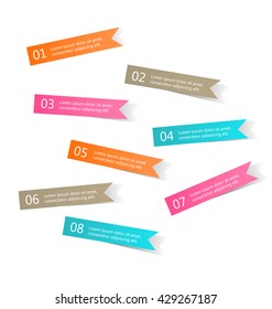 Business infographics template for presentation, education, web design, banners, brochures, flyers. Orange, brown, pink, blue color tabs. Vector illustration