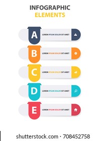 Business infographics template for presentation, web design, banners, brochures. Vector design template, icons for 5 options, vertical list items, illustration, letters A, B, C, D, E, EPS10