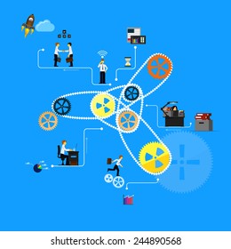 Business infographics template. Scheme with humans, icons and gears