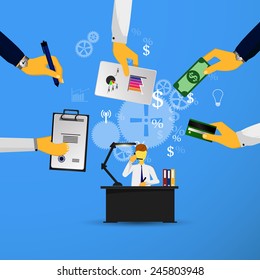 Business infographics template. Scheme with humans, icons and gears