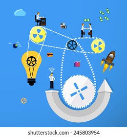 Business infographics template. Scheme with humans, icons and gears