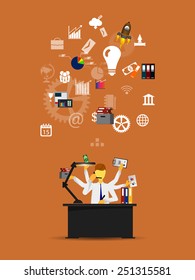 Business infographics template. Scheme with humans, icons and gears