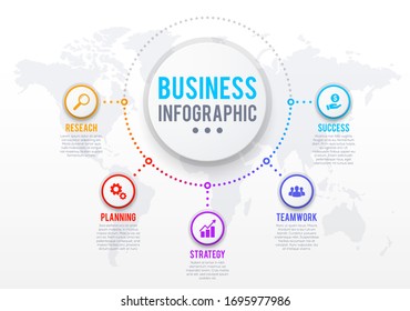 Business infographics template of step chart or process graph. Vector presentation diagram with world map, options and text layouts, business flow chart or data report design