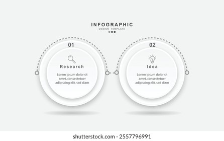 Business infographics template. Time line with 2 steps, circles, options and marketing icons. 