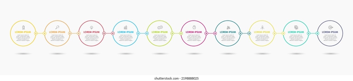 Business Infographics template. Timeline with 10 steps, options and marketing icons .Vector linear infographic with two circle conected elements. Can be use for presentation.