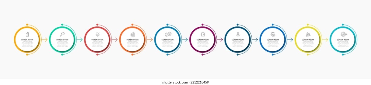 Business Infographics template. Timeline with 10 steps, options and marketing icons .Vector linear infographic with two circle conected elements. Can be use for presentation.