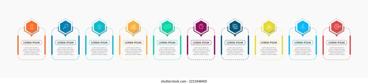 Business Infographics template. Timeline with 10 steps, options and marketing icons .Vector linear infographic with two circle conected elements. Can be use for presentation.