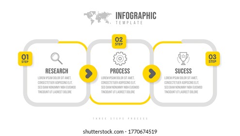 Plantilla de infografías de negocios. Línea de tiempo con 3 pasos de flecha, tres opciones de número. Elemento vector