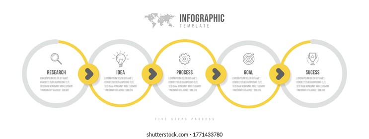 Business infographics template. Timeline with 5 circle arrow steps, five number options. World Map in background. Vector element.