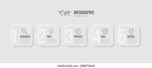 Business infographics template. Timeline with 5 circle arrow steps, five number options. World Map in background. Vector element.