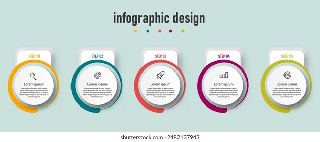 Business Infografik Vorlage. Zeitleiste mit 5 Stufen, kann für Workflow-Diagramm, Infodiagramm, Webdesign verwendet werden. Vektorillustration