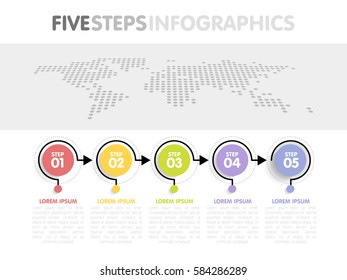 Business infographics template. Timeline with 5 circle arrow steps, five number options. World Map in background. Vector element