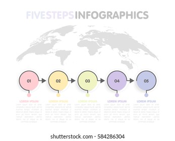 Business infographics template. Timeline with 5 circle arrow steps, five number options. World Map in background. Vector element