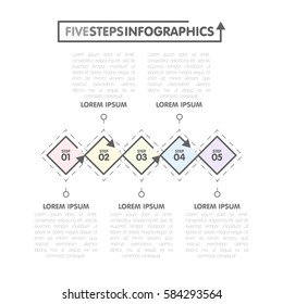 Business infographics template. Timeline with 5 rhombus, steps, five number options. Vector element