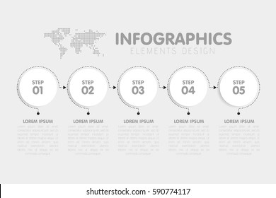 Business infographics template. Timeline with 5 circle arrow steps, five number options. World Map in background. Vector element